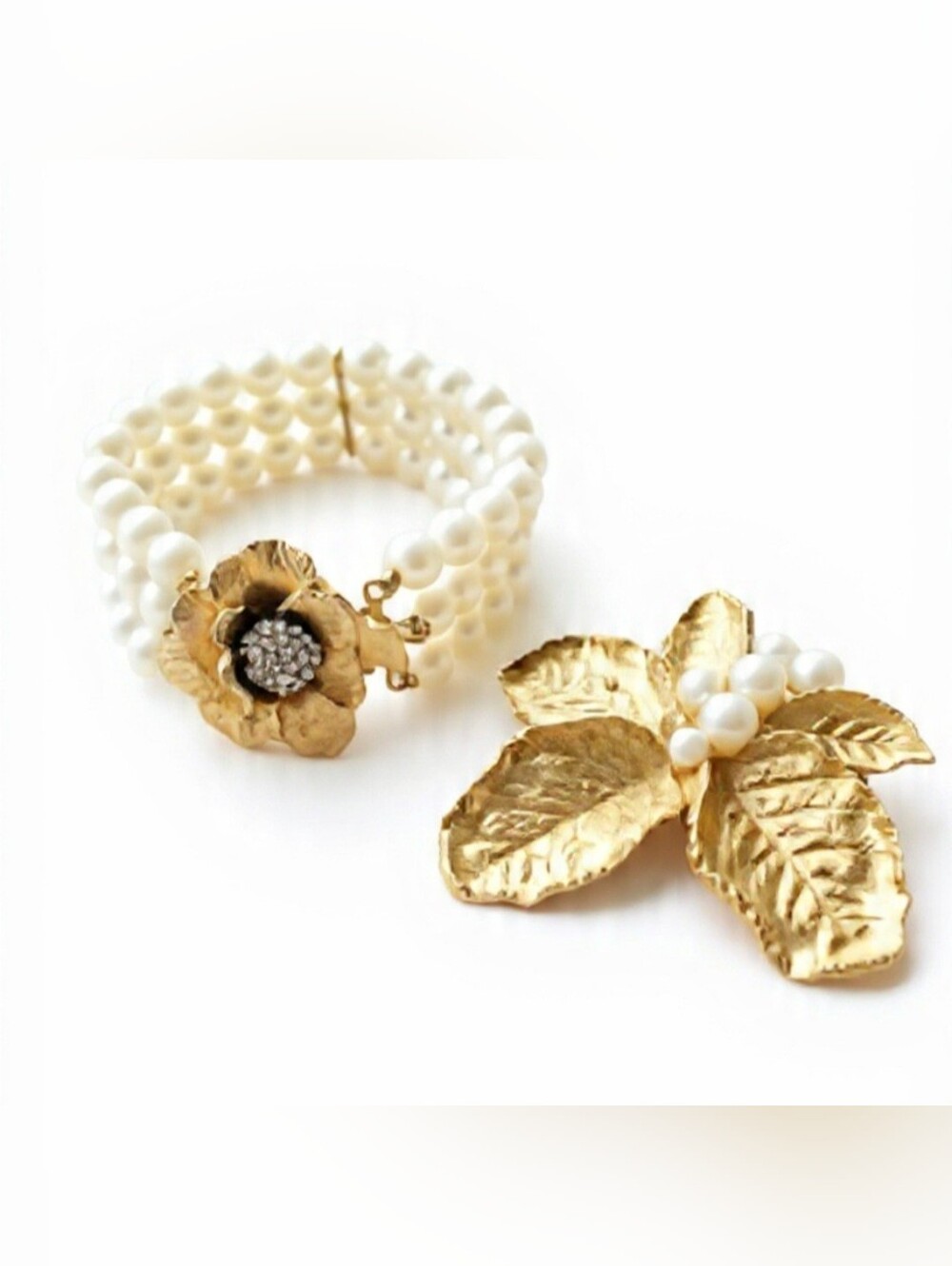 Pearl & Gold Floral Bracelet Set